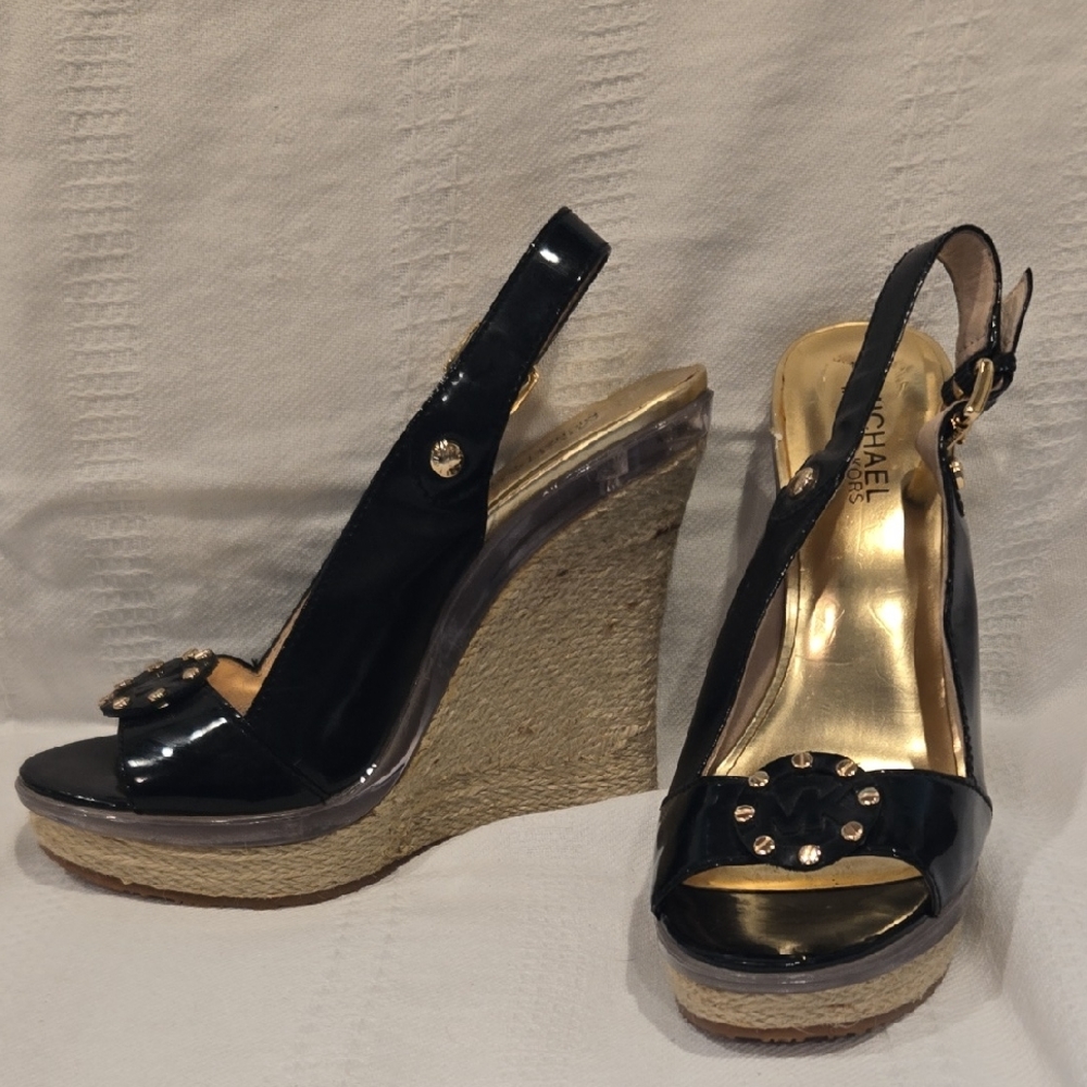 Michael Kors Black and Gold Wedge Sandals
